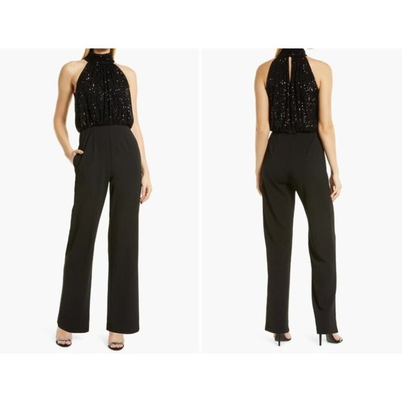 Eliza J Pants - NEW Eliza J Jumpsuit 12 Black Sequin Halter Neck Sleeveless Wide‎ Leg Evening